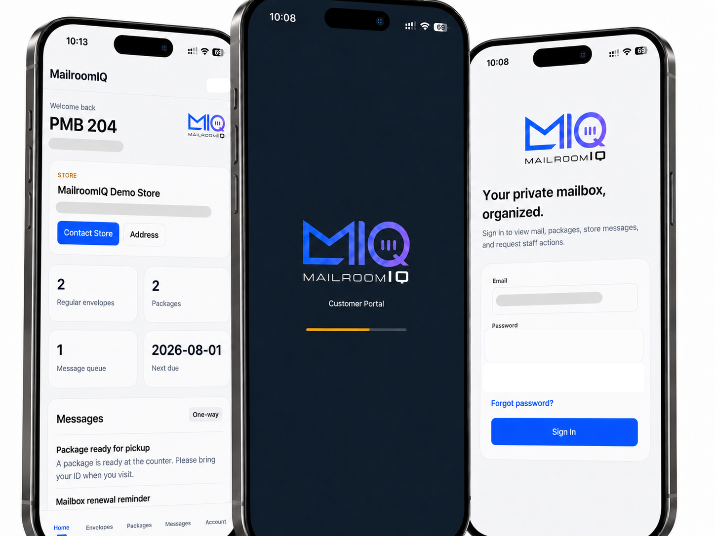 Customer mobile experience for private mailbox access, package visibility, messages, and secure sign-in.